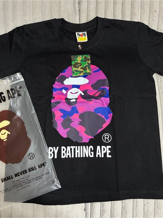 Other - A Bathing Ape Black T-Shirt with Purple & Pink Camo Ape Logo